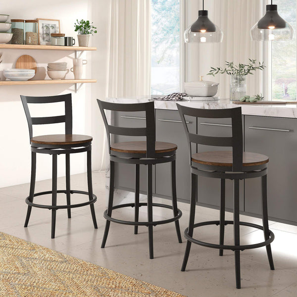 Eccari Swivel Counterstools with Iron Frame and Veneer Seats Set of 2