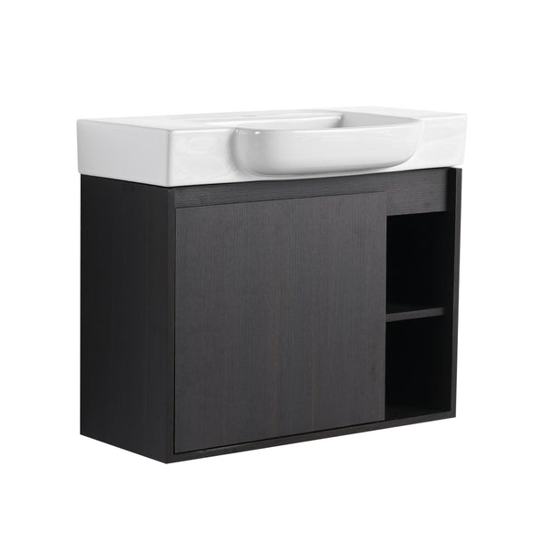 English Elm 28'' Floating Bathroom Vanity with Ceramic Sink Soft Close Door Melamine Cabinet Dark Oak W999P426640