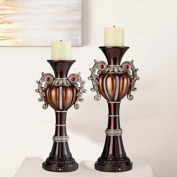 English Elm 16" Delicata Urn Candleholder Set of 2 in Bronze with Bejeweled Accents, Polyresin, Includes Ivory Candles B072116563