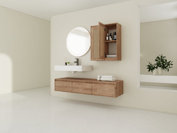 English Elm 60-Inch Wall-Mounted Bathroom Vanity With Integrated Resin Sink, Soft-Close Drawers & Elegant Oak Finish W999S00358