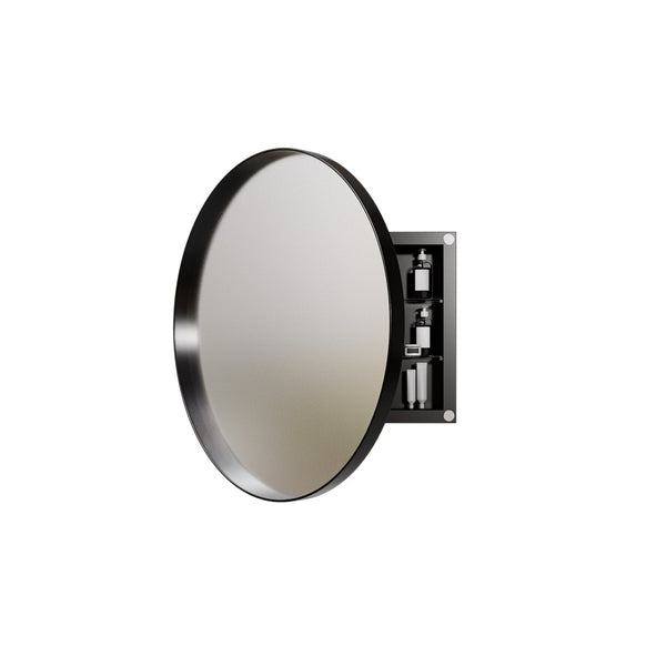 English Elm 23.6 Inch Round Matte Metal Medicine Cabinet with Mirrored Door and Adjustable Shelves Black W1435P312263