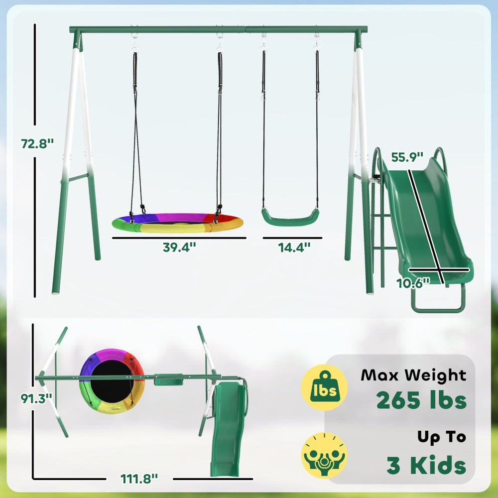 English Elm Metal Backyard Swing Set with Saucer Slide and Three Play Stations for Kids T3971P439148