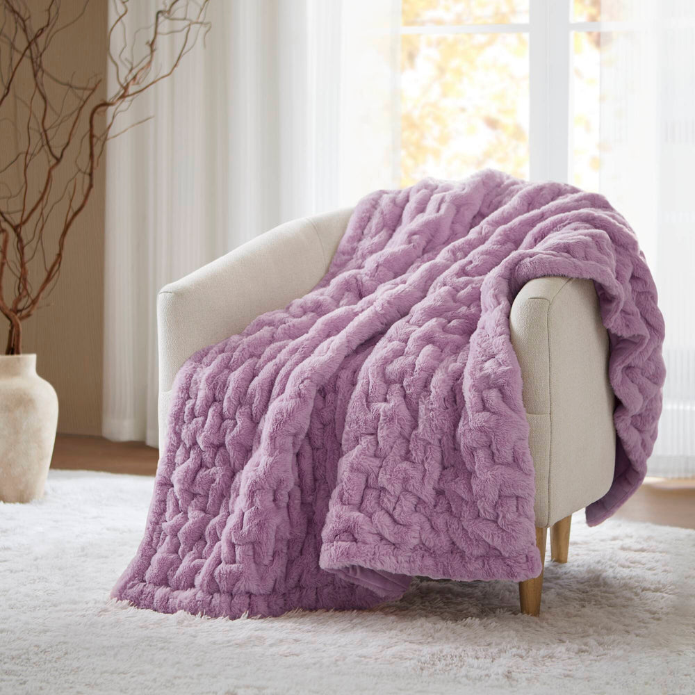 JLA Home Madison Park - Throw Luxurious Ruched Faux Fur Throw with Plush Faux Mink Reverse, Machine-Washable, OEKO-TEX Certified Comfort Purple MP50-8802