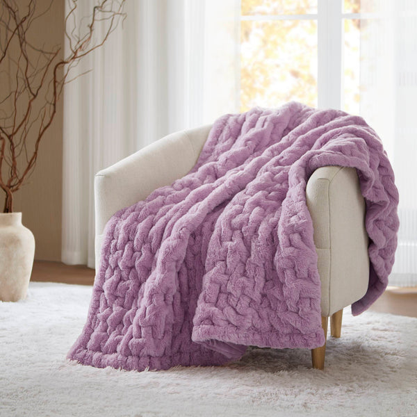 JLA Home Madison Park - Throw Luxurious Ruched Faux Fur Throw with Plush Faux Mink Reverse, Machine-Washable, OEKO-TEX Certified Comfort Purple MP50-8802