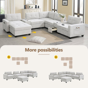 English Elm [new U-shaped Chenille Sectional Six Seat Tufted Couch with Usb Charging Storage Light Gray N723S1191K