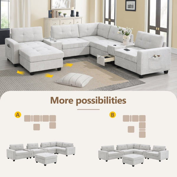 English Elm [new U-shaped Chenille Sectional Six Seat Tufted Couch with Usb Charging Storage Light Gray N723S1191K
