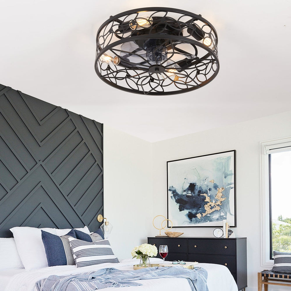 English Elm 18-inch Vintage Caged Ceiling Fan Light with Remote, Quiet DC Motor, Industrial Farmhouse Fixture Black W1340P246414