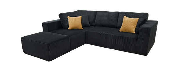 English Elm Full Corduroy Upholstered L-shaped Sectional with Moveable Ottoman Ready to Use Black B2748S00058