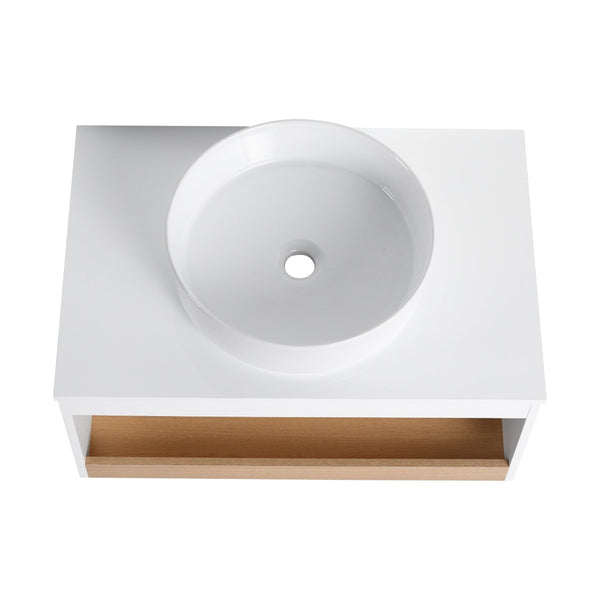 English Elm 30" Floating Wall Mount Bathroom Vanity Open Shelf Ceramic Vessel Sink Modern White W3450S00056