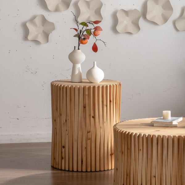 English Elm Retro Cylindrical Coffee Tables Set Of 2 - Textured Relief Design For Stylish Living Room & Office Use W757S00029-GIGA