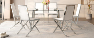 English Elm Table and Chair Set Round Walnut Mdf Top Six Seat Dining with Gold Accent Legs Transparent,White+Silver W1151S04789
