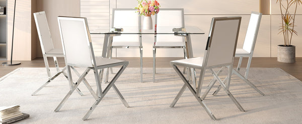 English Elm Table and Chair Set Round Walnut Mdf Top Six Seat Dining with Gold Accent Legs Transparent,White+Silver W1151S04789