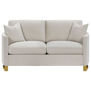 English Elm Rufo Beige Fabric Loveseat with Gold Steel Legs Arched Arms and Feather Cushions B062P357784