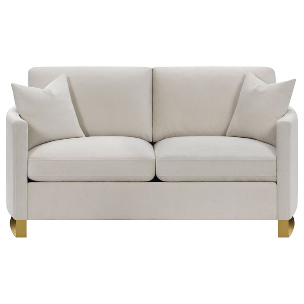 English Elm Rufo Beige Fabric Loveseat with Gold Steel Legs Arched Arms and Feather Cushions B062P357784