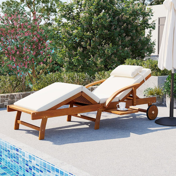 English Elm U_style Acacia Wood Outdoor Chaise Lounger with Reclining Backrest Cushions and Side Tray Beige N711P415859A