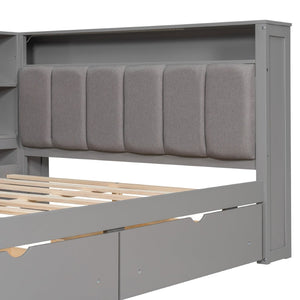 English Elm Wood Full Platform Bed with Led Headboard Built-in Desk Charging Station and Storage Shelves Grey N7090001047E-1