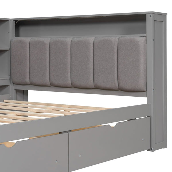 English Elm Wood Full Platform Bed with Led Headboard Built-in Desk Charging Station and Storage Shelves Grey N7090001047E-1