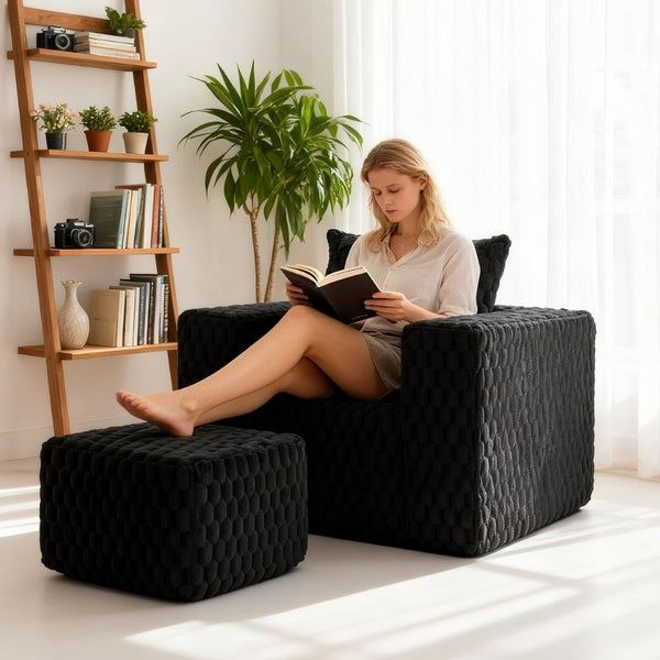 English Elm Boneless Corduroy Lounge Chair with Ottoman High Back Accent Pillow No Assembly Black W5385P433290