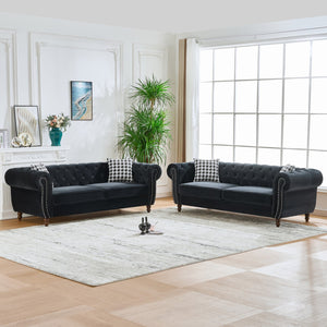 English Elm 3+3 Seater Chesterfield Sofa In Luxurious Black Velvet – Classic Charm For Living Room & Office Spaces W3373S00015