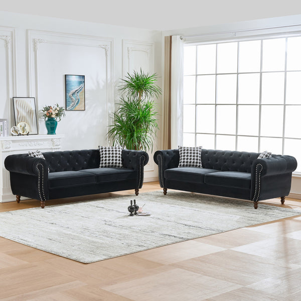 English Elm 3+3 Seater Chesterfield Sofa In Luxurious Black Velvet – Classic Charm For Living Room & Office Spaces W3373S00015