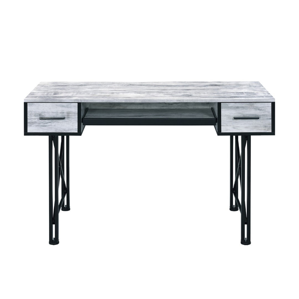 English Elm Rectangular Computer Desk - Antique White & Black Metal, 2 Drawers, Ergonomic Keyboard Tray Design B016P311793-GIGA