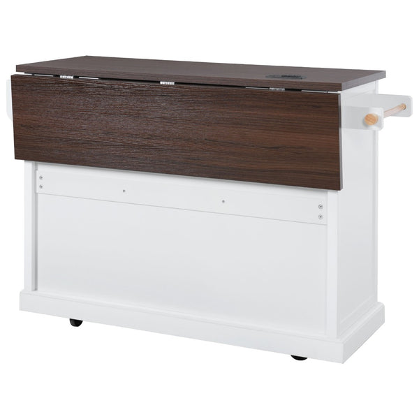 English Elm K&k Farmhouse Rolling Kitchen Island with Barn Doors Power Outlet and Drop Leaf White N707S300277W