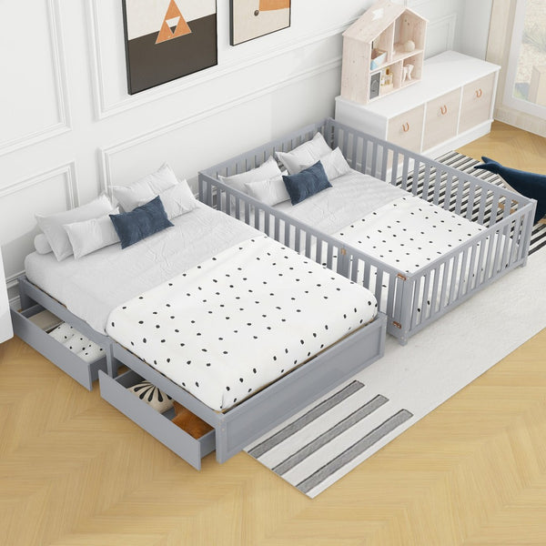 English Elm Full Size Pinewood Kids Daybed with Fence Rails Split Floor Bed and Storage Drawers Gray LP100882AAE