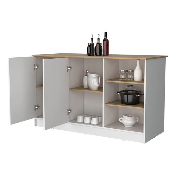 English Elm Gladiolus modern melamine kitchen island with 2 doors, 3 open shelves for organized prep and storage B128S00006