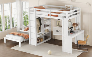 English Elm Full Solid Wood Loft Bed with Removable Lower Bed, Built-In Desk, Shelves & Wardrobe for Space-Saving Designs White W1580S00211