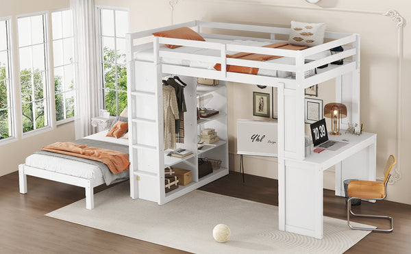 English Elm Full Solid Wood Loft Bed with Removable Lower Bed, Built-In Desk, Shelves & Wardrobe for Space-Saving Designs White W1580S00211