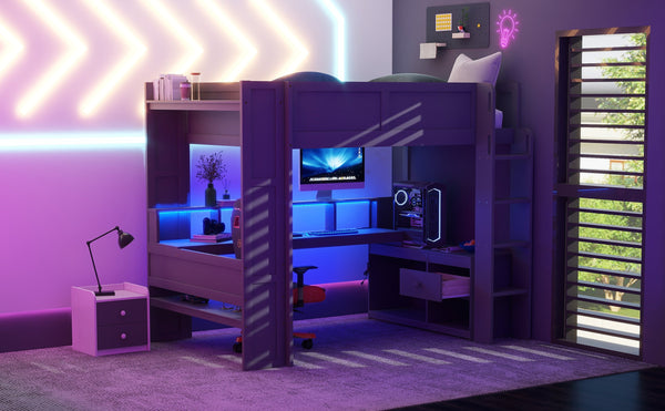 English Elm Wood Full Size Gaming Loft Bed with Desk, LED Lights, USB Charging Ports & Multi Storage Dark Gray SM000374AAE