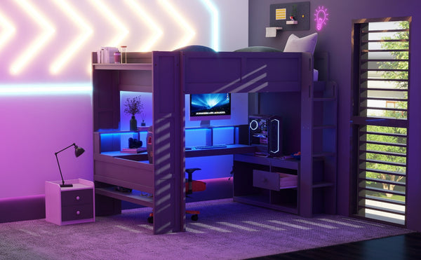 English Elm Wood Full Size Loft Bed with Built-in Desk Led Lighting and Charging Station SM000374AAE-1