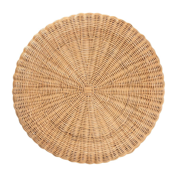 English Elm Scallop Handwoven Rattan Round Pedestal Accent Table Boho Coastal Sunroom Decor B2750P467851