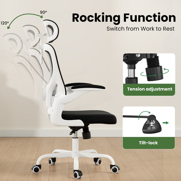 English Elm Ergonomic Office chair with adjustable headrest and lumbar support, breathable mesh, space-saving design Black,White T3623P368416