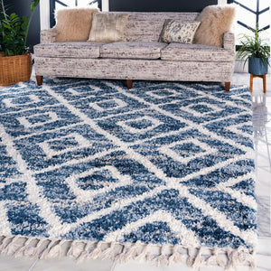 Unique Loom Hygge Shag Diamond Machine Made Geometric Rug Blue, Beige/Ivory 8' 0" x 8' 0"