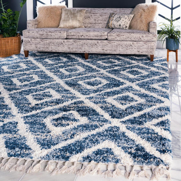 Unique Loom Hygge Shag Diamond Machine Made Geometric Rug Blue, Beige/Ivory 8' 0" x 8' 0"