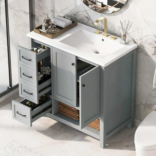 English Elm 36" Freestanding Bathroom Vanity Solid Wood Mdf Cabinet Ceramic Undermount Sink Open Shelf Grey N725P364203E