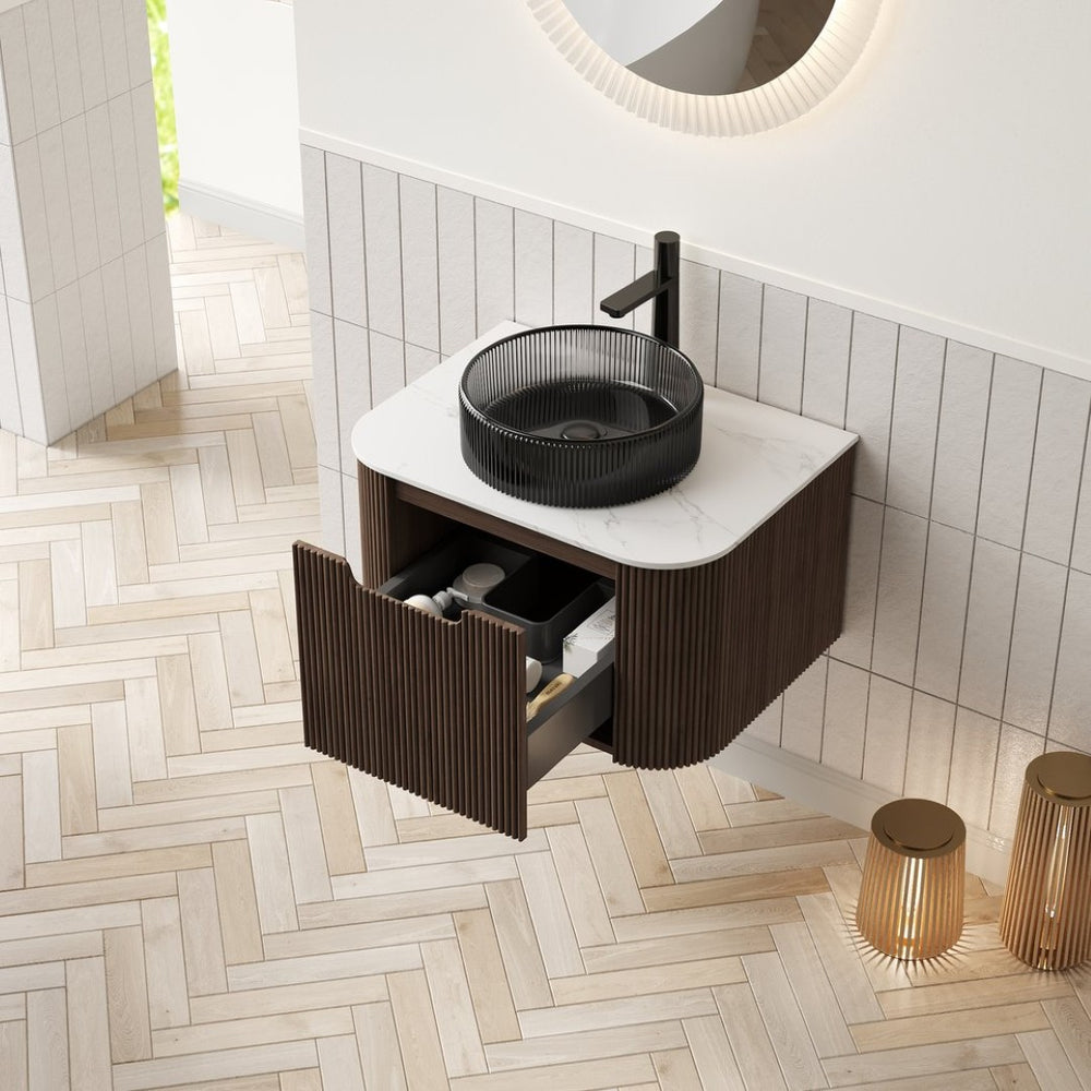 English Elm Dina Floating Bathroom Vanity with Sintered Stone Top and Crystal Glass Basin Black,Carrara White,Walnut W2615S00422