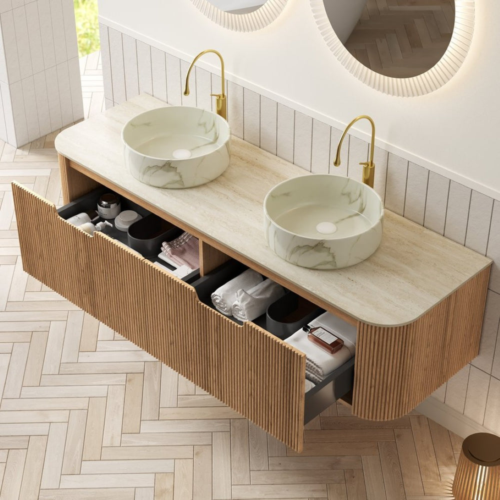 English Elm Dina 60 Inch Floating Bathroom Vanity Sintered Stone Top Dual Glass Basins Wood Grain Beige,Natural Wood,White W2615S00511