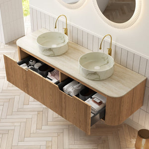 English Elm Dina 60 Inch Floating Bathroom Vanity Sintered Stone Top Dual Glass Basins Wood Grain Beige,Natural Wood,White W2615S00511
