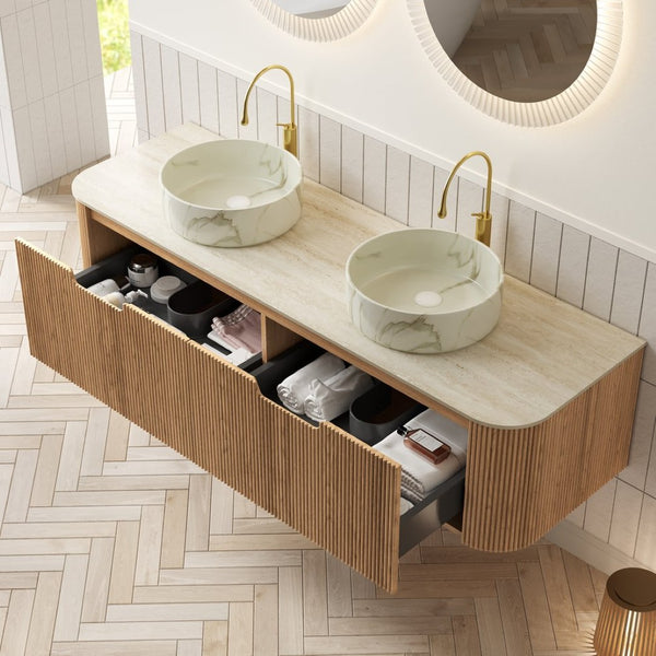 English Elm Dina 60 Inch Floating Bathroom Vanity Sintered Stone Top Dual Glass Basins Wood Grain Beige,Natural Wood,White W2615S00511