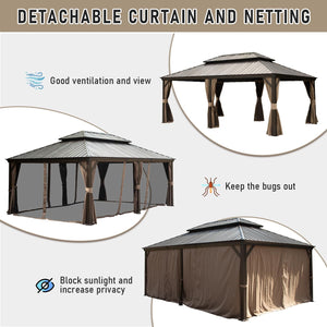 English Elm 14x24FT Hardtop Gazebo Outdoor Pavilion with Galvanized Double Roof, Aluminum Frame, Built-In Gutter System, Curtains and Mesh for Patio Garden Brown W1859S00107