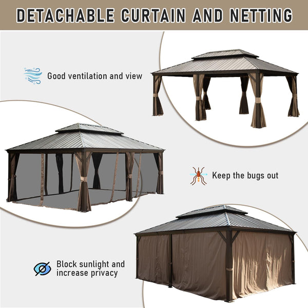 English Elm 14x24FT Hardtop Gazebo Outdoor Pavilion with Galvanized Double Roof, Aluminum Frame, Built-In Gutter System, Curtains and Mesh for Patio Garden Brown W1859S00107