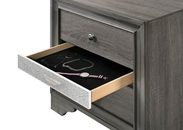 English Elm Naima Gray Finish Nightstand with Jewelry Drawer, Textured Surface, Silver Knobs, Elegant Curved Legs B2726P261247