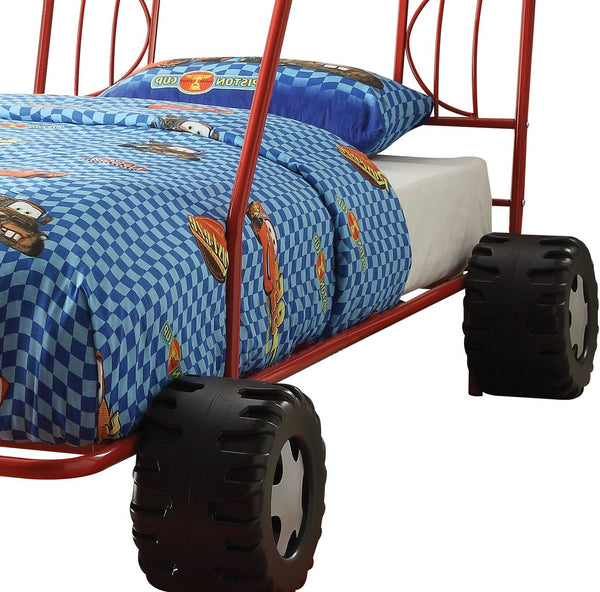 English Elm Red Go Kart Bed Twin Metal Frame in Go Kart Red — 18" Footboard, 8 Slats Support, 8" Clearance, Durable Fun décor (Twin) B062S00514