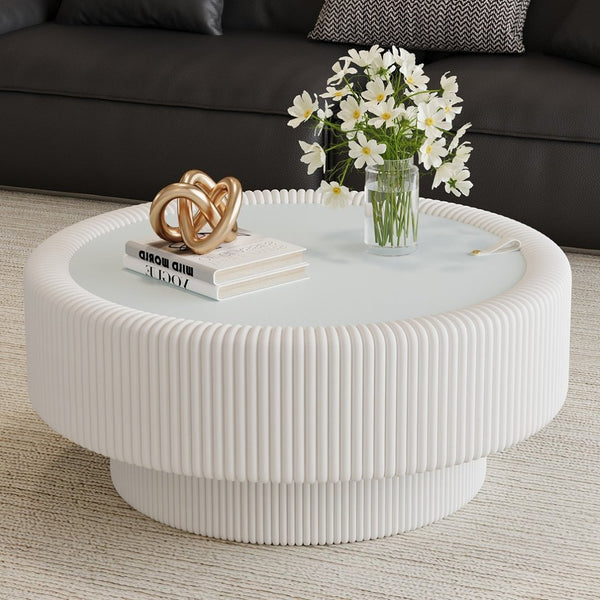 English Elm 31.5" Fluted Leather Round Coffee Table Tempered Glass Lift Top Hidden Storage Modern White W3158P450848
