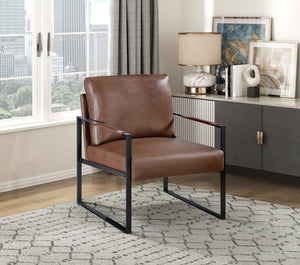 English Elm Modern Metal Accent Chair with Faux Leather Upholstery, Minimalist Frame, Comfortable Seat for Living Room Decor Brown 27 L x 10 W x 23.5 H B011P255743