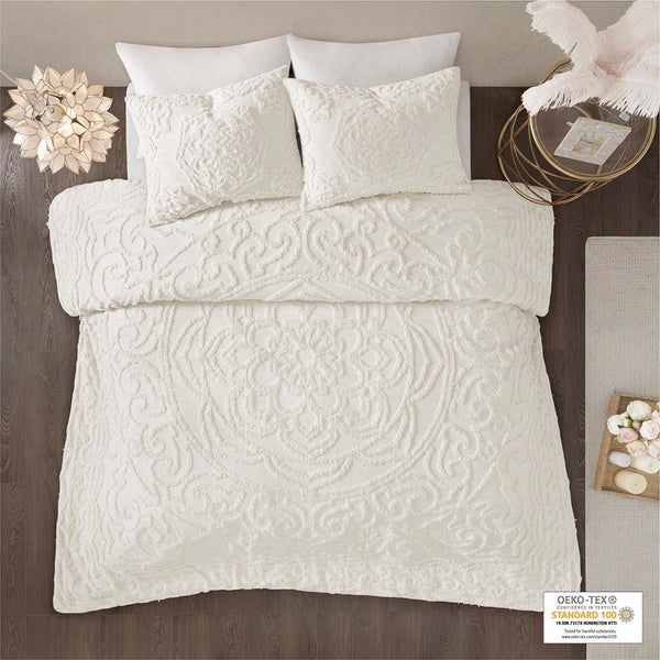 English Elm King/Cal Tufted Cotton Chenille Medallion Duvet Cover Set – 100% Cotton, OEKO-TEX, Boho Shabby Chic Elegance B03597329