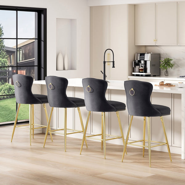 English Elm Bar Stools Set Of 2, Luxurious Velvet Wing-Back Chairs With Metal Legs For Kitchen & Dining Spaces T3623P363065