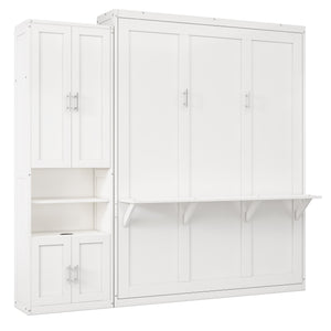 English Elm Full Murphy Bed with Side Cabinet, Desk Combo, USB Charging, Adjustable Shelves, 600lb Capacity, White BS7012008109C
